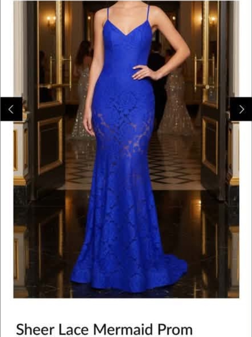 La Femme Cobalt Blue Sheer Lace Mermaid Gown